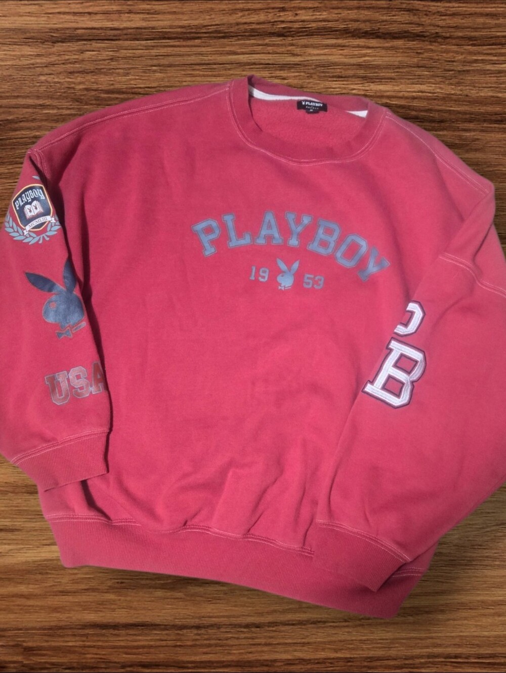 PLAYBOY Pac SunMen's Dusty Rose Graphic Patched Crewneck Sweatshirt